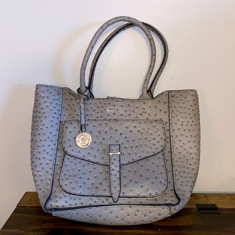 London Fog Faux Leather Ostrich Embossed Womens Shoulder Purse Bag Grey
